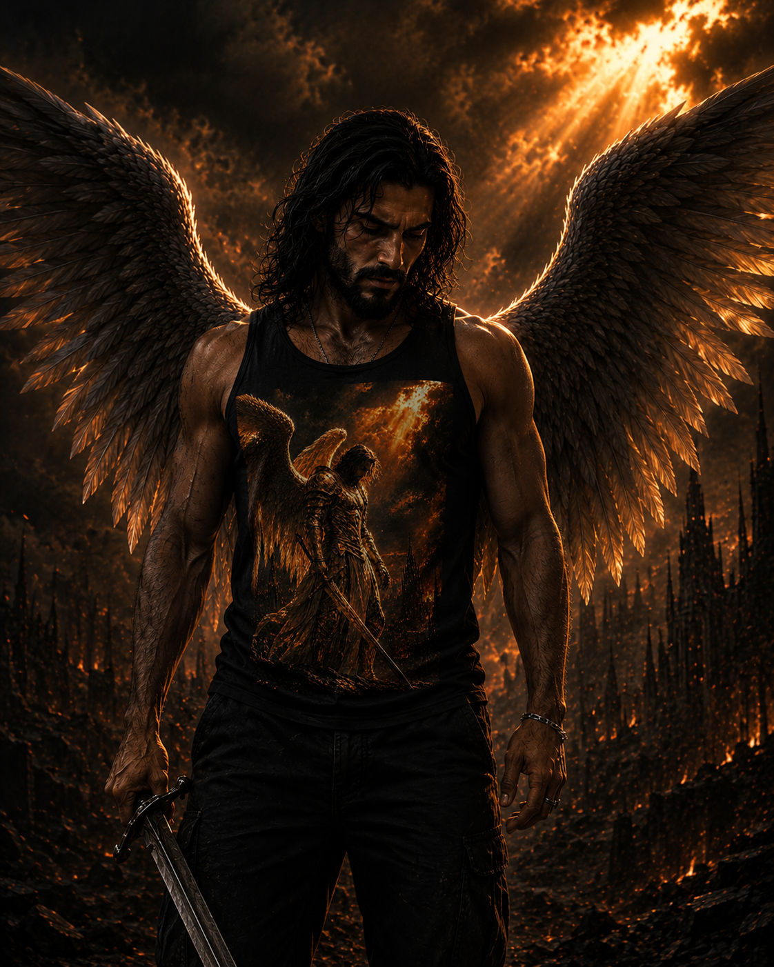 Fiery Fallen Angel Tank Top — Gothic Metal Concert Muscle Tee