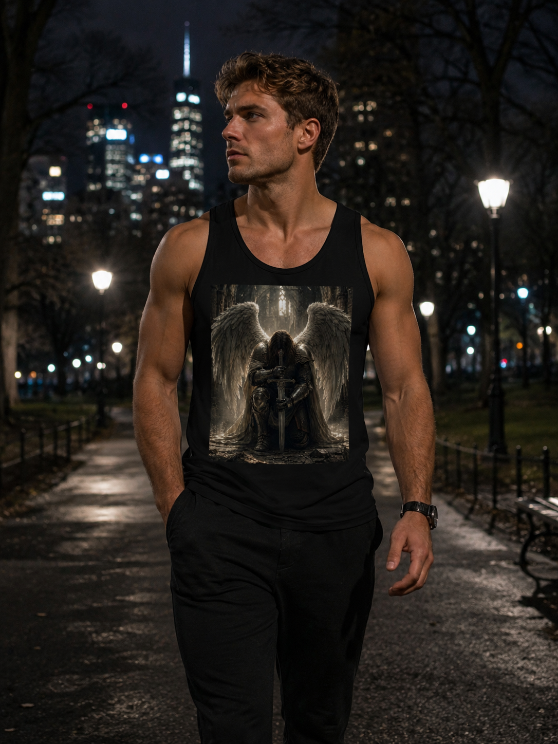 Gothic Angel Tank Top – Kneeling Warrior Angel with Sword Graphic