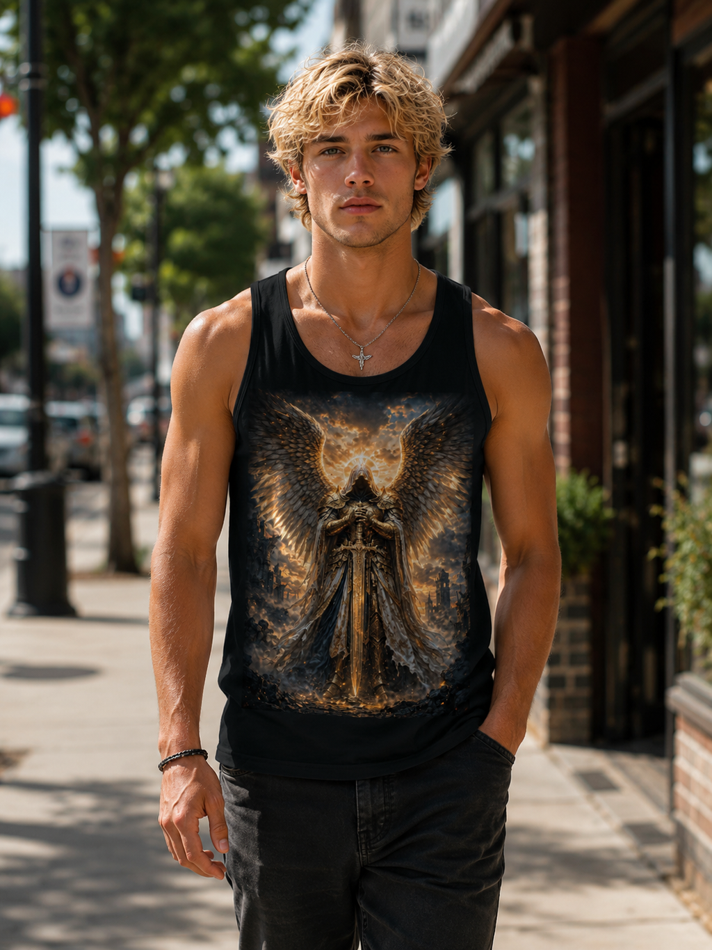 Angel of Gold Graphic Tank Top — Mythic Warrior Winged Design