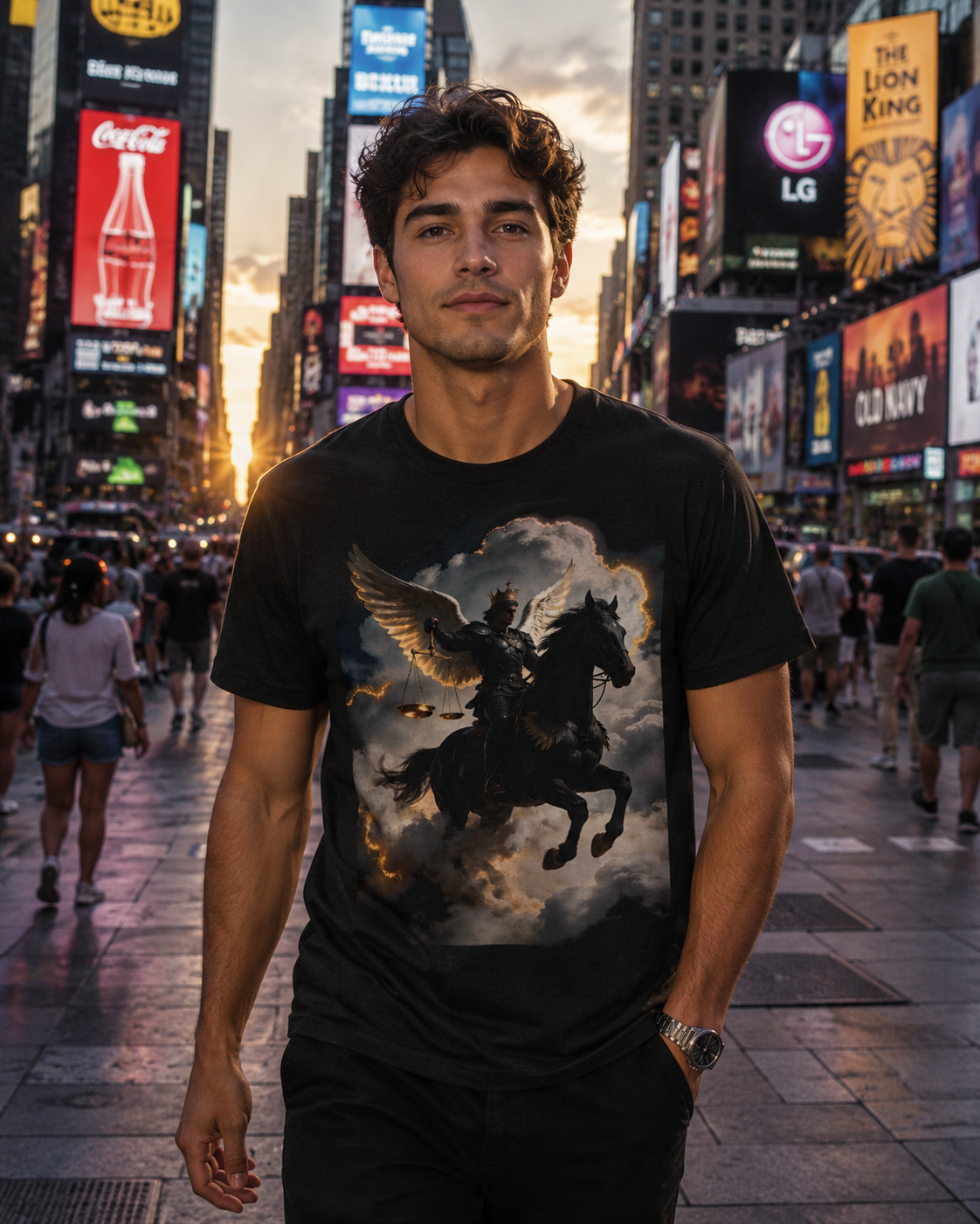 Revelation 6:5-6! And on the horse was a rider with wings as an angle dress as an warrior in black holding a golden a pair of scalesT‑Shirt — Winged Knight Graphic Tee