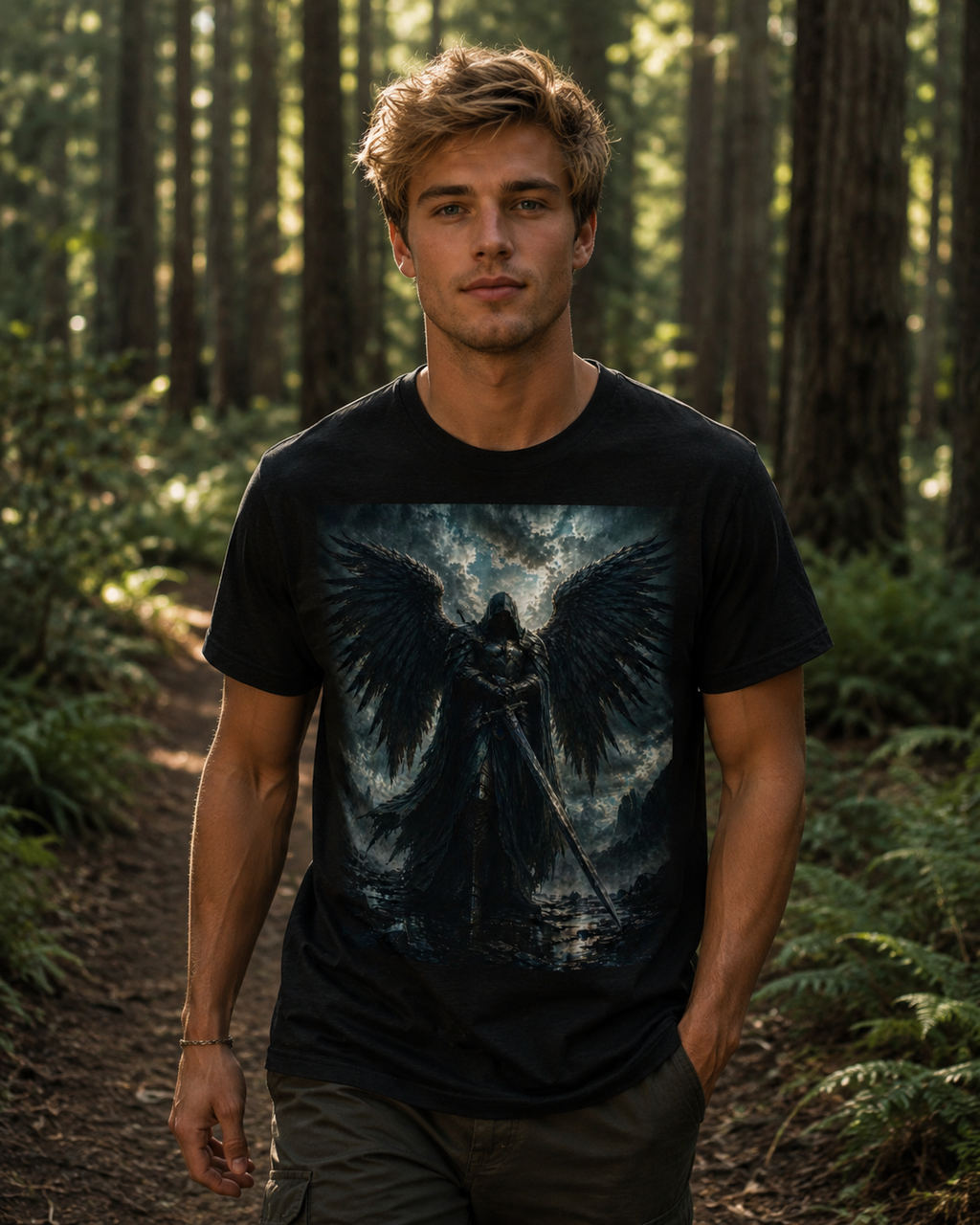 Dark Fallen Angel Graphic Tee — Gothic Warrior Angel T-Shirt