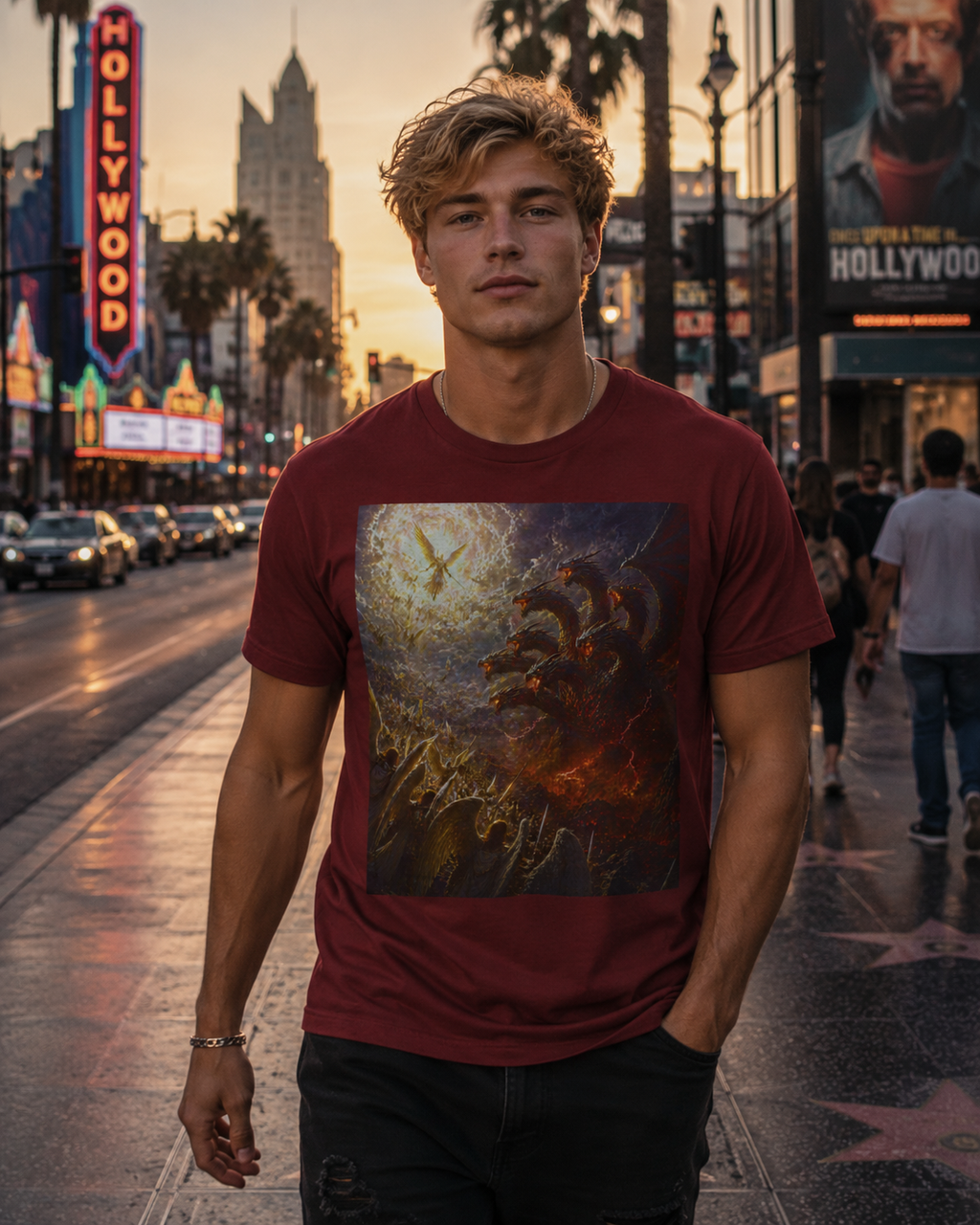 Apocalyptic Angel vs. Satan the 7 headed Dragon Graphic  T-Shirt
