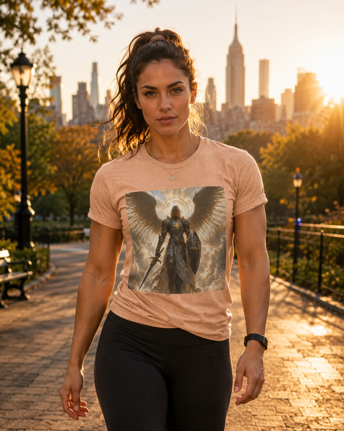 Archangel Warrior Graphic Tee — Golden Angel with Sword & Shield